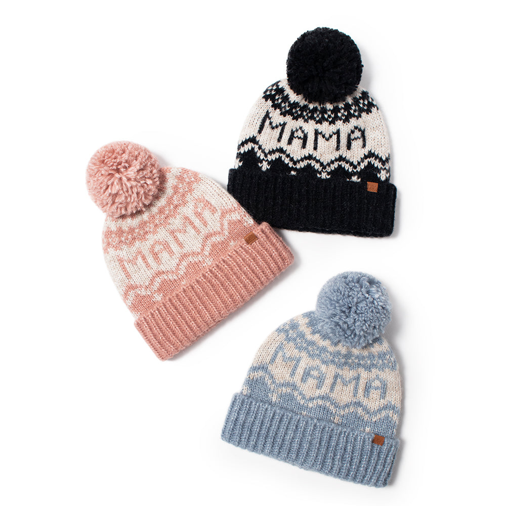 Mama Jaquard Knit Beanie with Self Pom - ABB1825