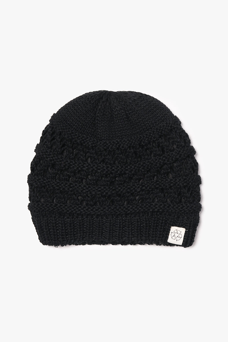 Eco-product! Recycled polyester open weave knit beanie with sherpa lining