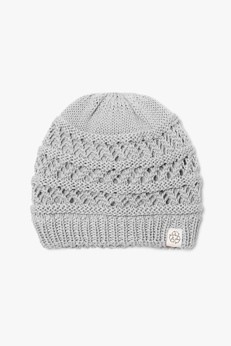 Eco-product! Recycled polyester open weave knit beanie with sherpa lining