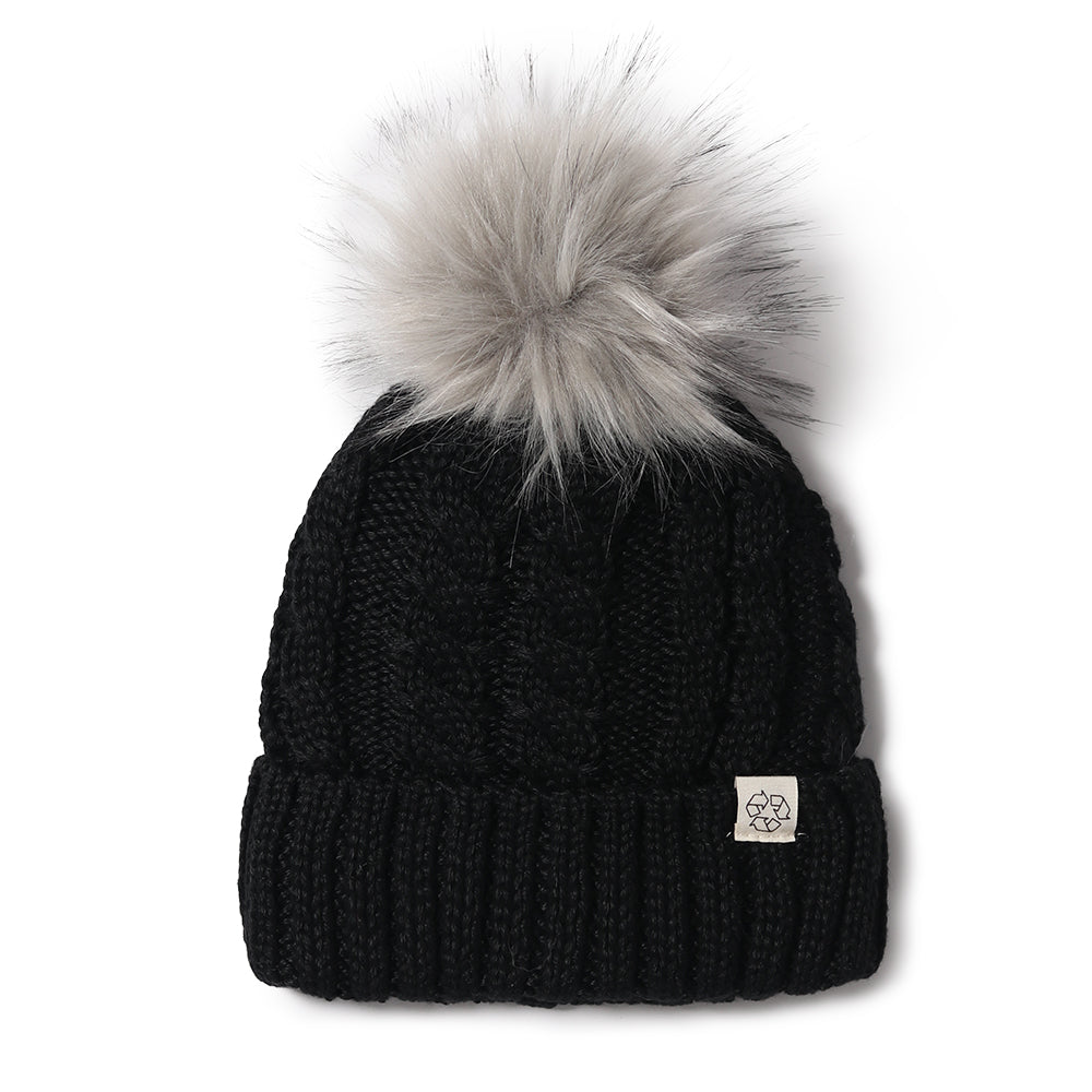 Eco-product! Recycled Polyester Beanie with Lining & Faux Fur Pom - ABB411R