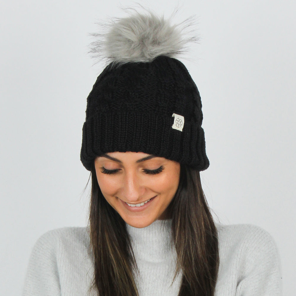 Eco-product! Recycled Polyester Beanie with Lining & Faux Fur Pom - ABB411R