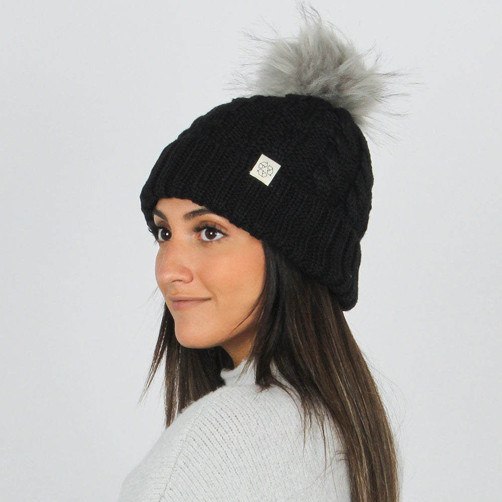 Eco-product! Recycled Polyester Beanie with Lining & Faux Fur Pom - ABB411R