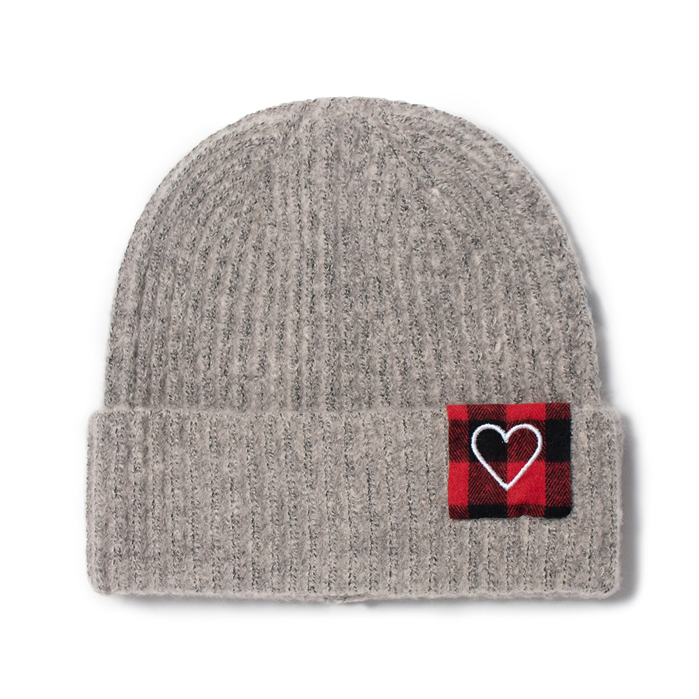 Marled Ribbed Knit Beanie with Heart Buffalo Plaid Patch - ABB851