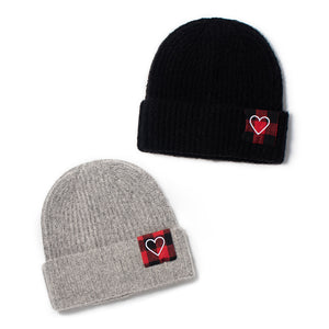
                  
                    Marled Ribbed Knit Beanie with Heart Buffalo Plaid Patch - ABB851
                  
                