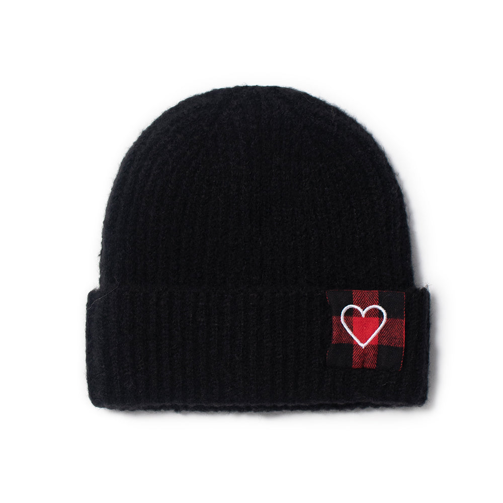 Marled Ribbed Knit Beanie with Heart Buffalo Plaid Patch - ABB851