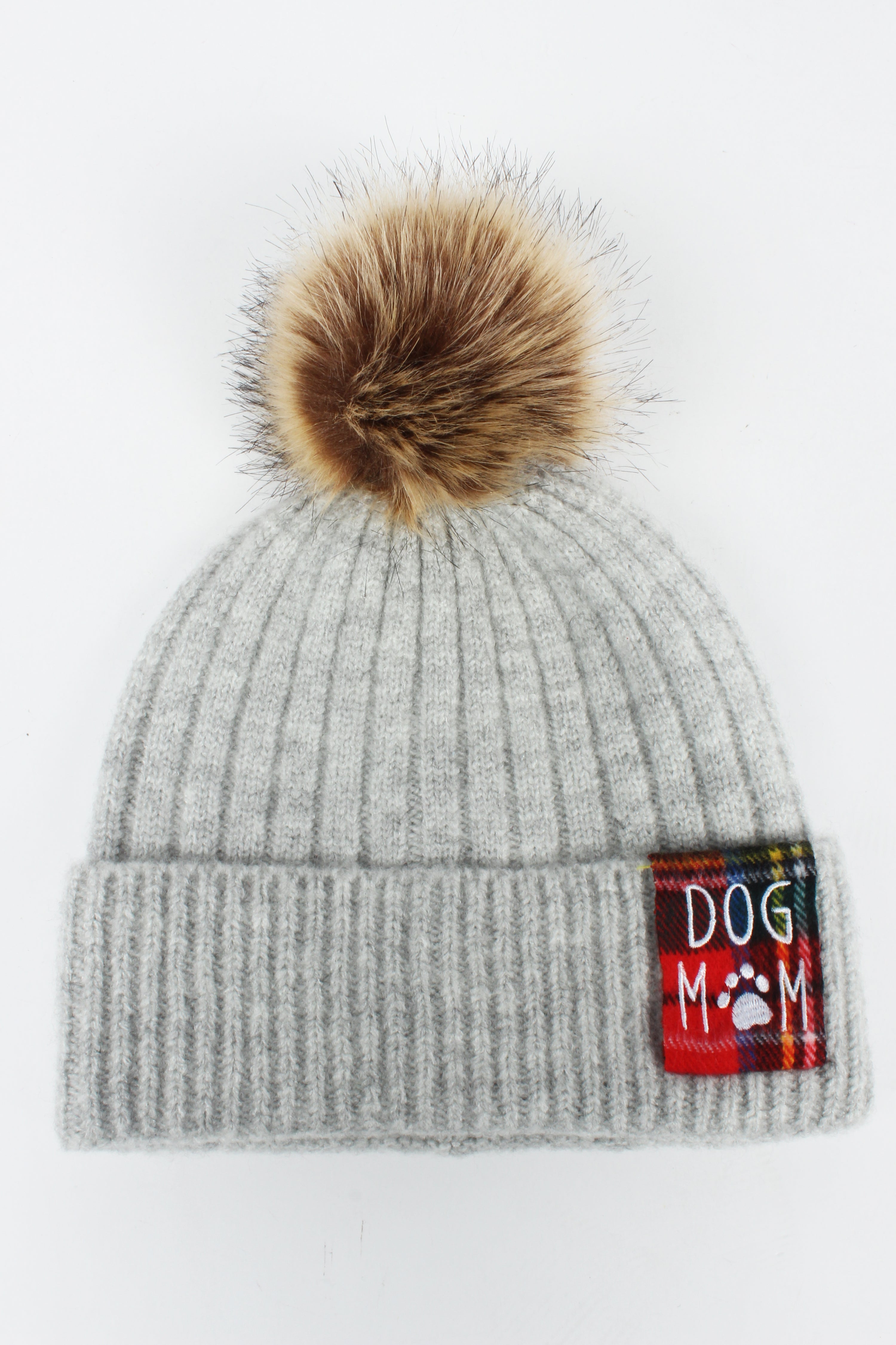 Dog Mom Rib Knit Beanie with Faux Fur Pom