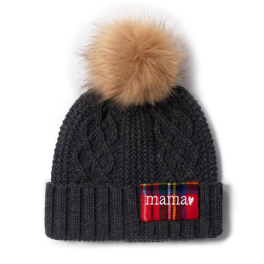 Cable Knit Beanie with Mama Plaid Patch Faux Fur Pom
