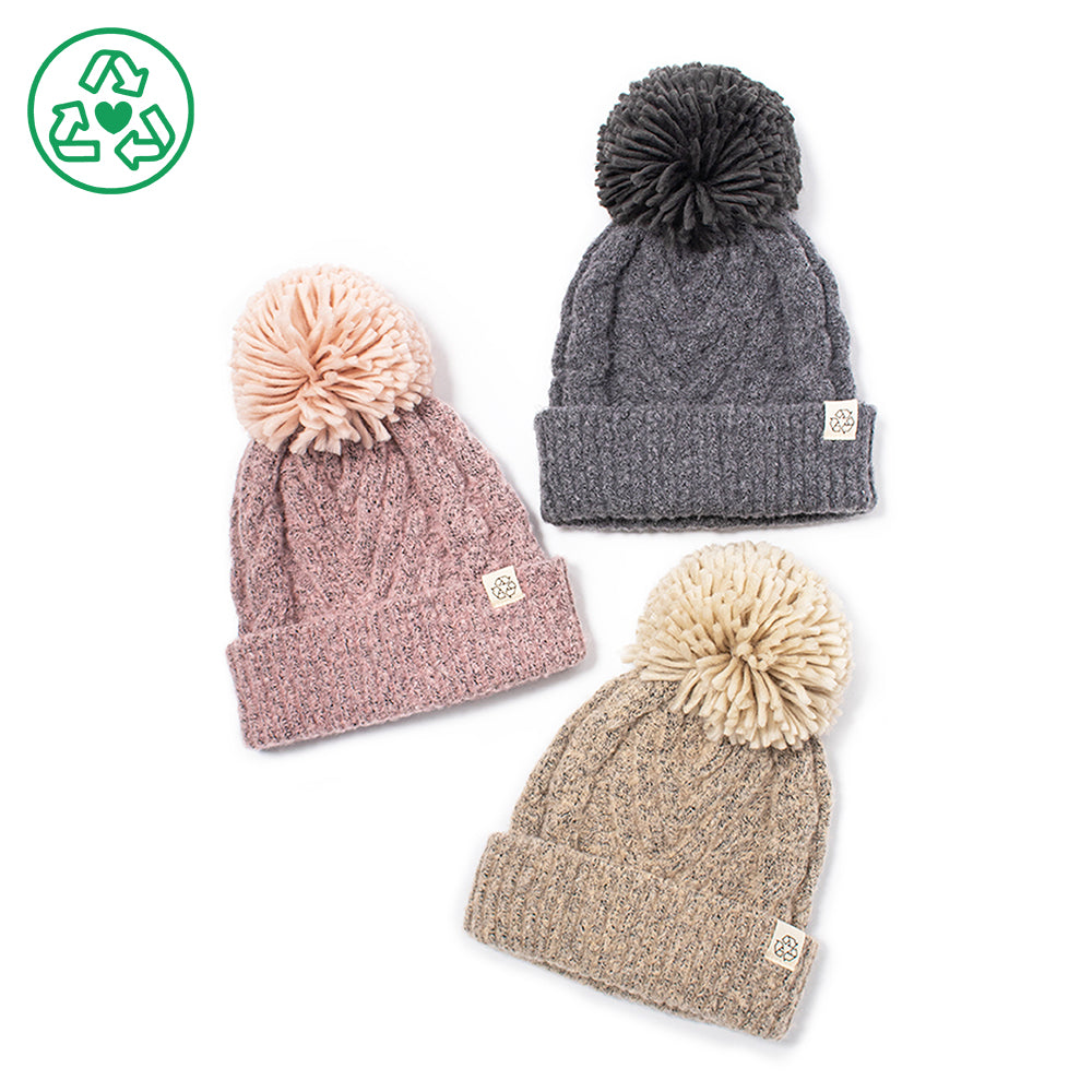 Eco-product! Recycled Cozy Chevron Weave Knit Beanie with Yarn Pom - ABB939R