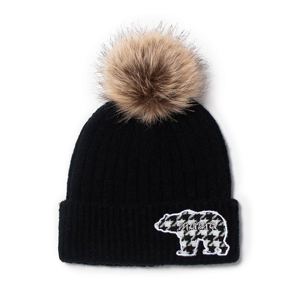Mama Bear Ribbed Knit Beanie with Hounthstooth patch and faux fur pom
