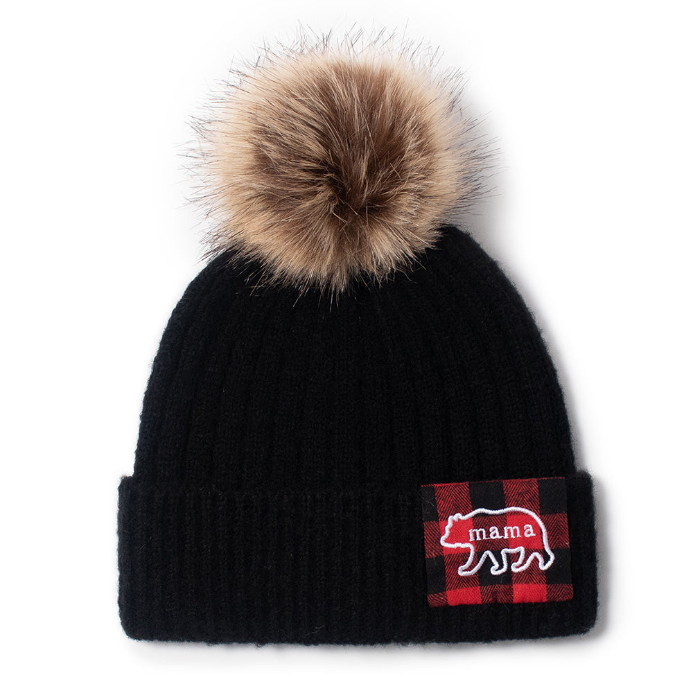 Mama Bear Rib Knit Beanie with Faux fur Pom