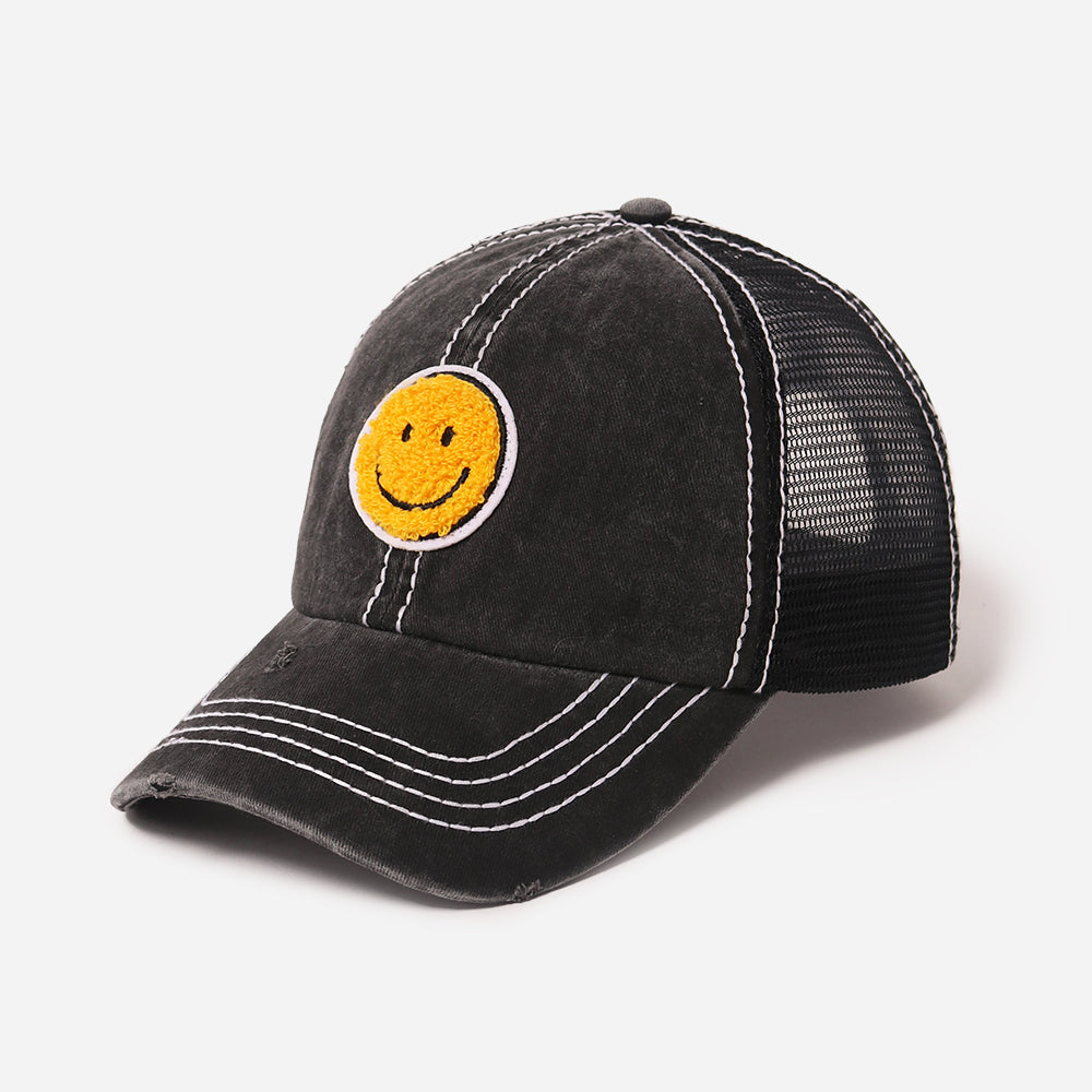 Chenille Smiley Patch Meshback Baseball Cap - FWCAPM7222
