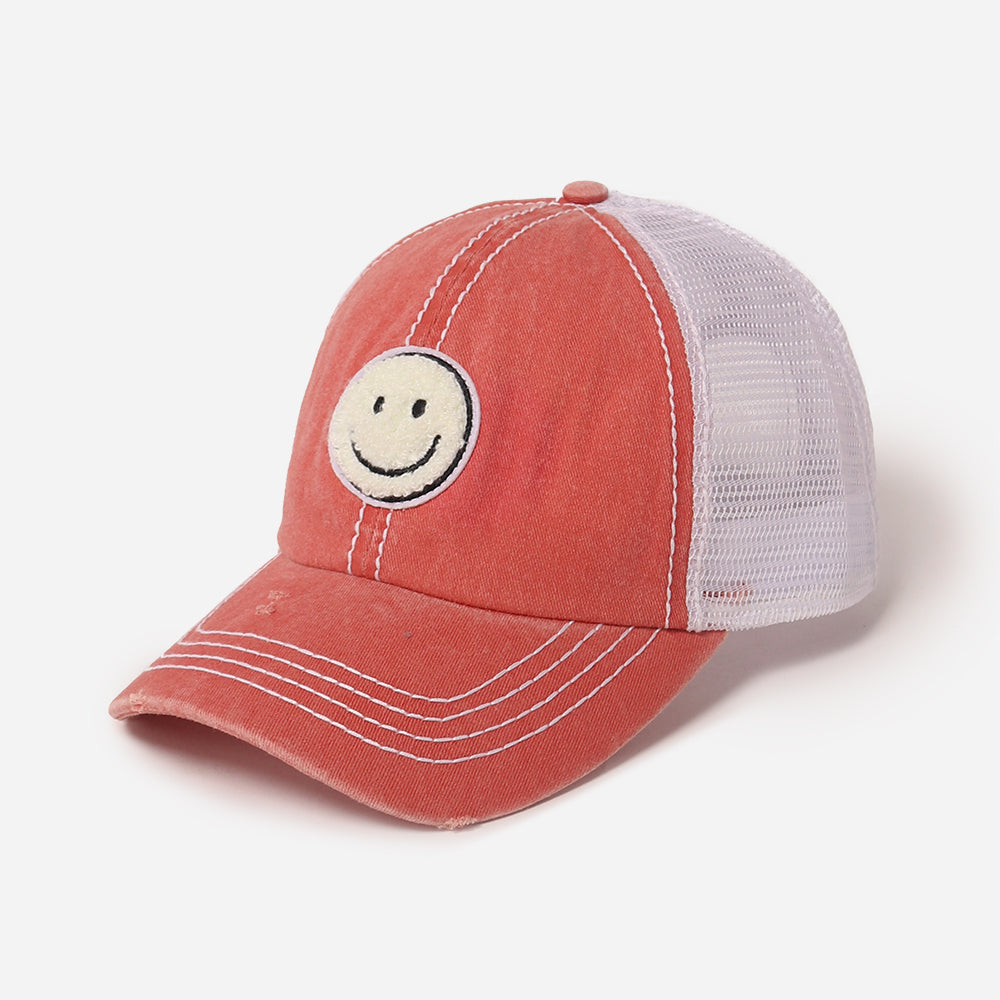 Chenille Smiley Patch Meshback Baseball Cap - FWCAPM7222