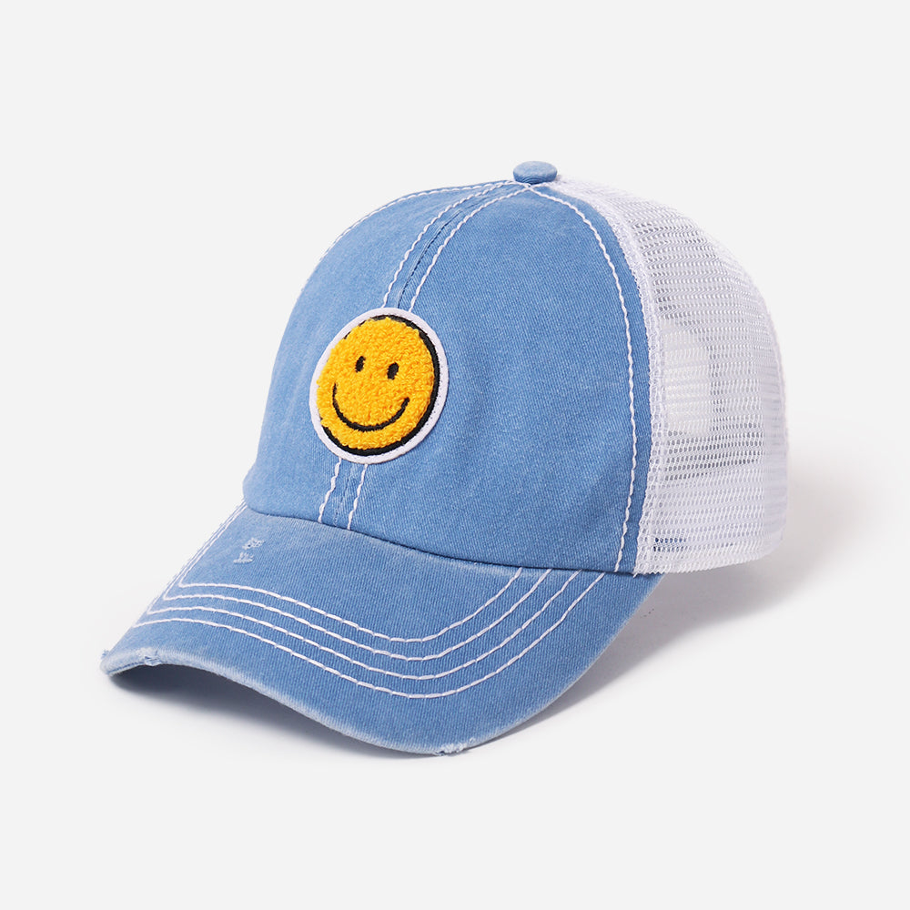 Chenille Smiley Patch Meshback Baseball Cap - FWCAPM7222