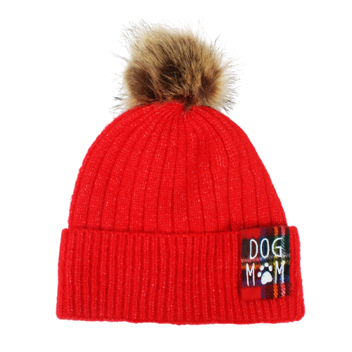 Dog Mom Rib Knit Beanie with Faux Fur Pom