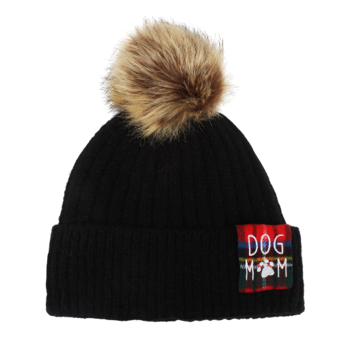 Dog Mom Rib Knit Beanie with Faux Fur Pom