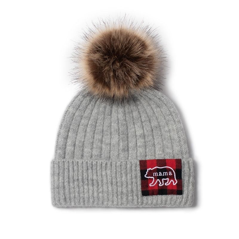 Mama Bear Rib Knit Beanie with Faux fur Pom