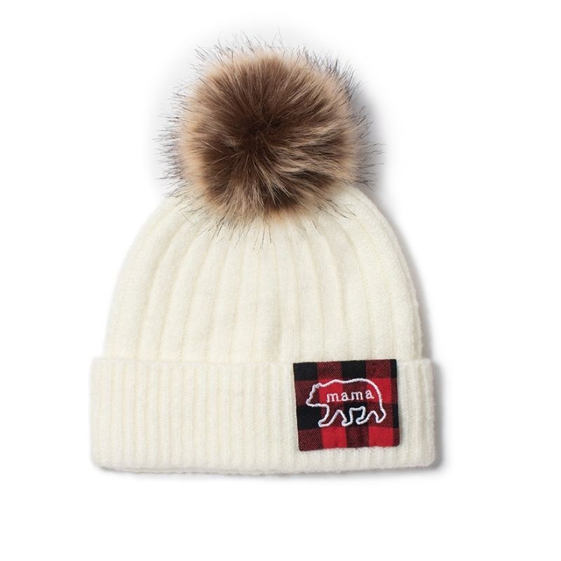 Mama Bear Rib Knit Beanie with Faux fur Pom
