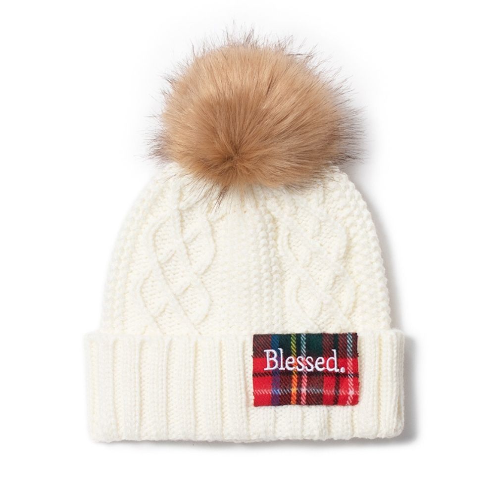 Cable Knit Beanie with Blessed Plaid Patch and Faux Fur Pom