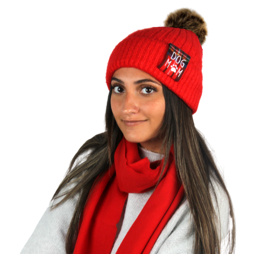 Dog Mom Rib Knit Beanie with Faux Fur Pom